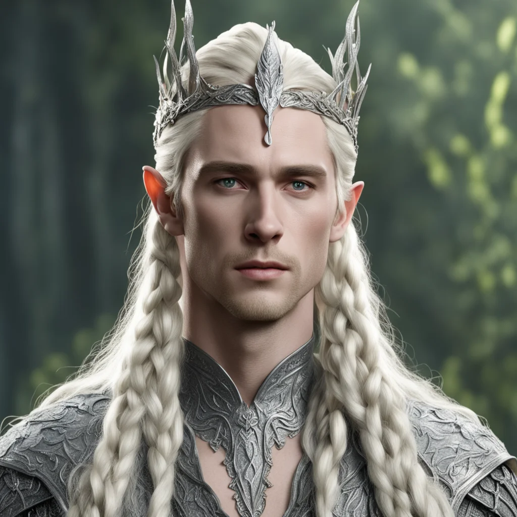 king thranduil with blond hair and braids wearing silver fig leaf elvish circlet encrusted with diamonds 