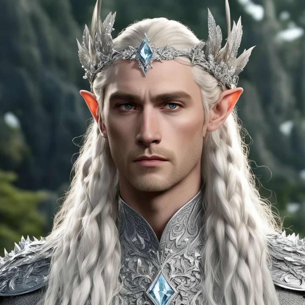 king thranduil with blond hair and braids wearing silver flower circlet encrusted with diamonds and large diamond clusters with large center diamond amazing awesome portrait 2