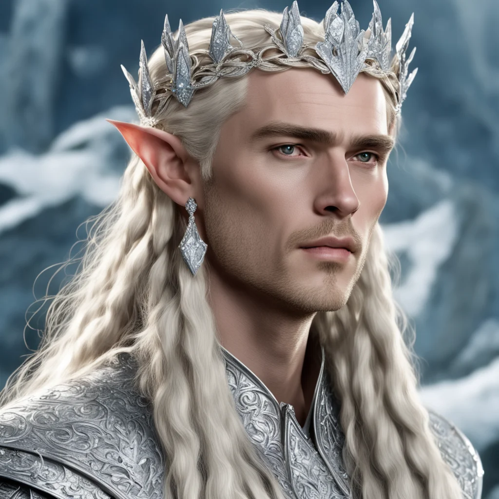 king thranduil with blond hair and braids wearing silver flower circlet encrusted with diamonds and large diamond clusters with large center diamond good looking trending fantastic 1