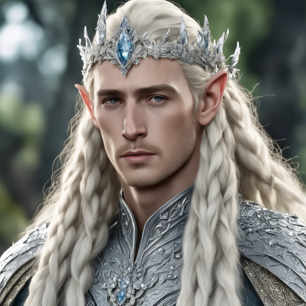 king thranduil with blond hair and braids wearing silver flower circlet encrusted with diamonds and large diamond clusters with large center diamond