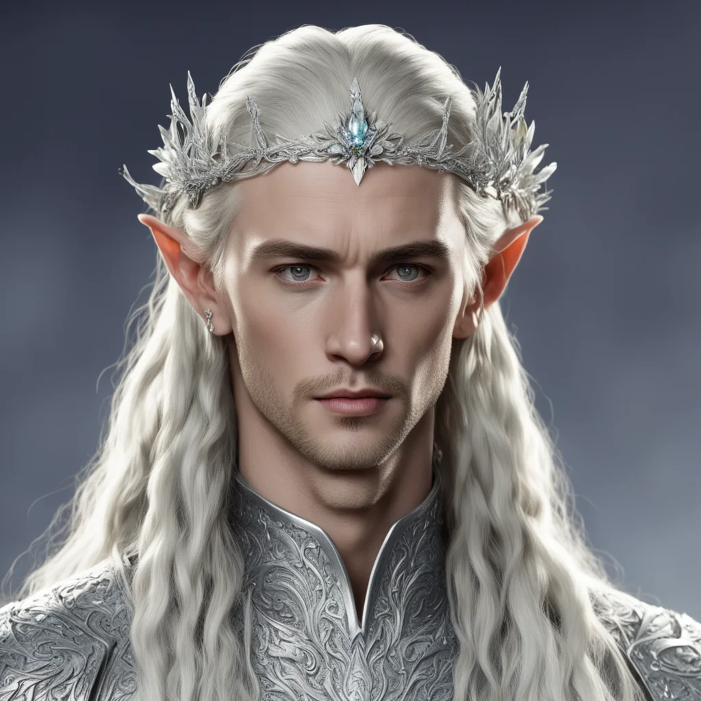 aiking thranduil with blond hair and braids wearing silver flower clusters encrusted with diamonds to form a silver elvish circlet with large central flower diamond amazing awesome portrait 2