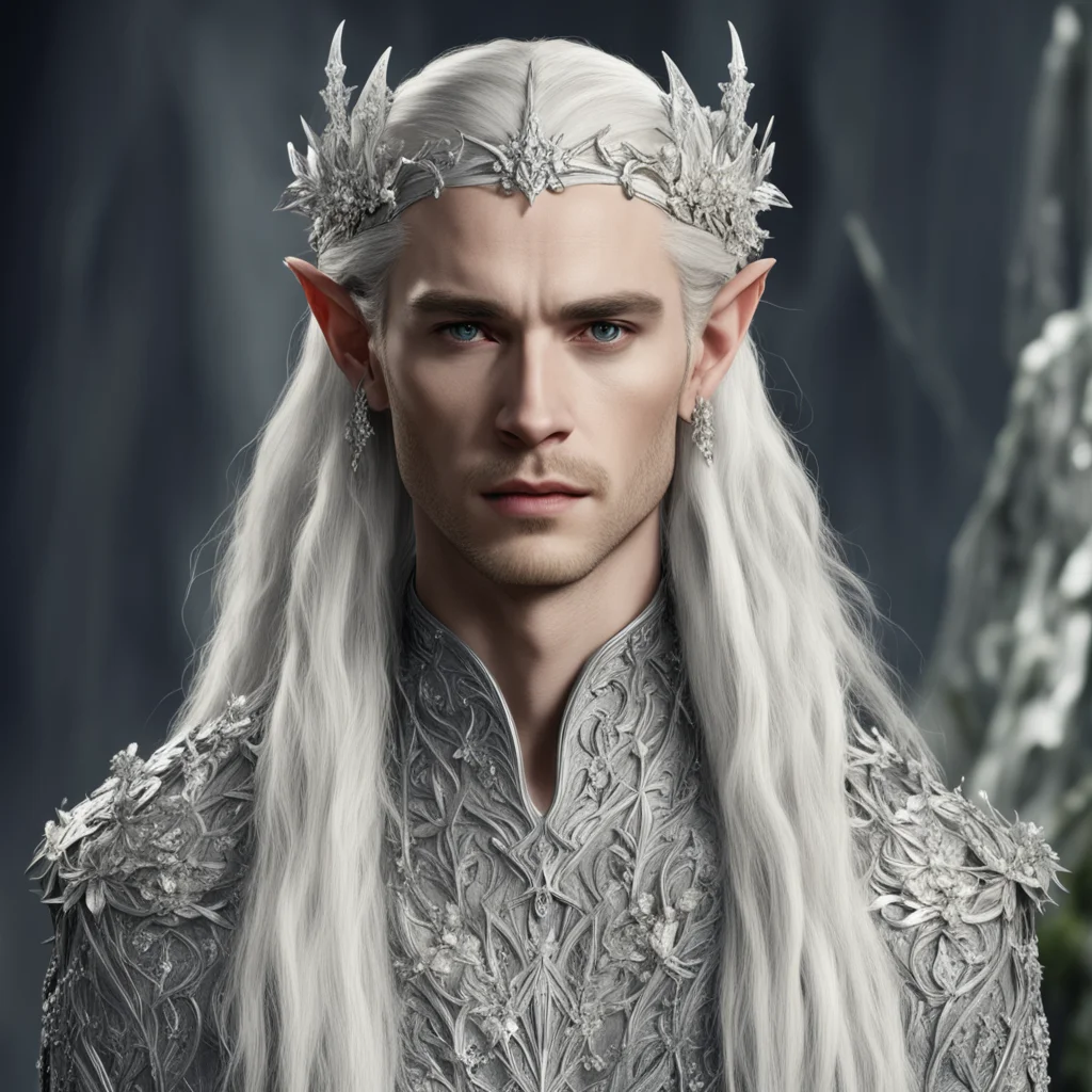 king thranduil with blond hair and braids wearing silver flower clusters encrusted with diamonds to form a silver elvish circlet with large central flower diamond