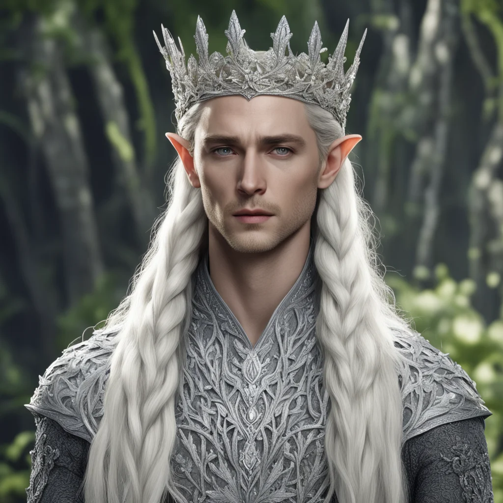 king thranduil with blond hair and braids wearing silver flower clusters encrusted with diamonds to form a silver elvish crown with large central flower diamond