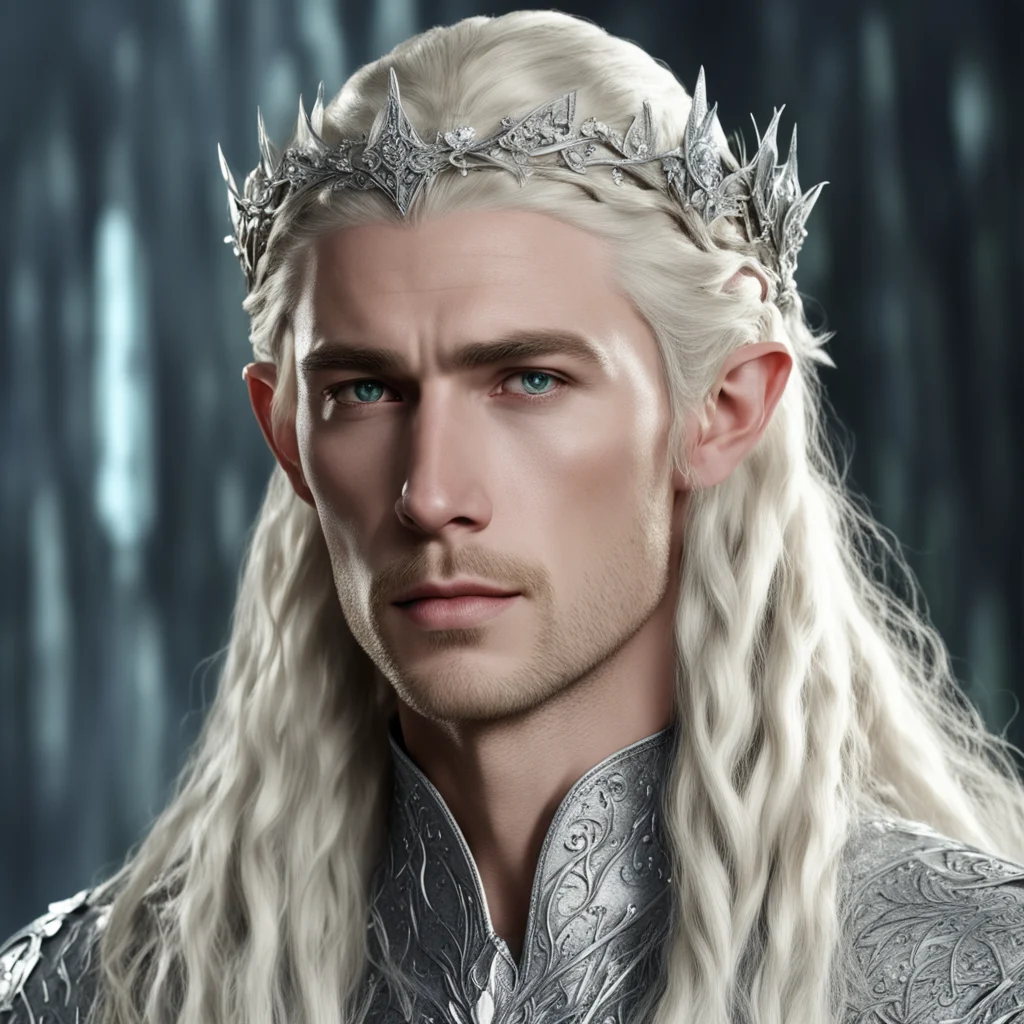 king thranduil with blond hair and braids wearing silver flower elvish circlet encrusted with diamonds with large center diamond amazing awesome portrait 2