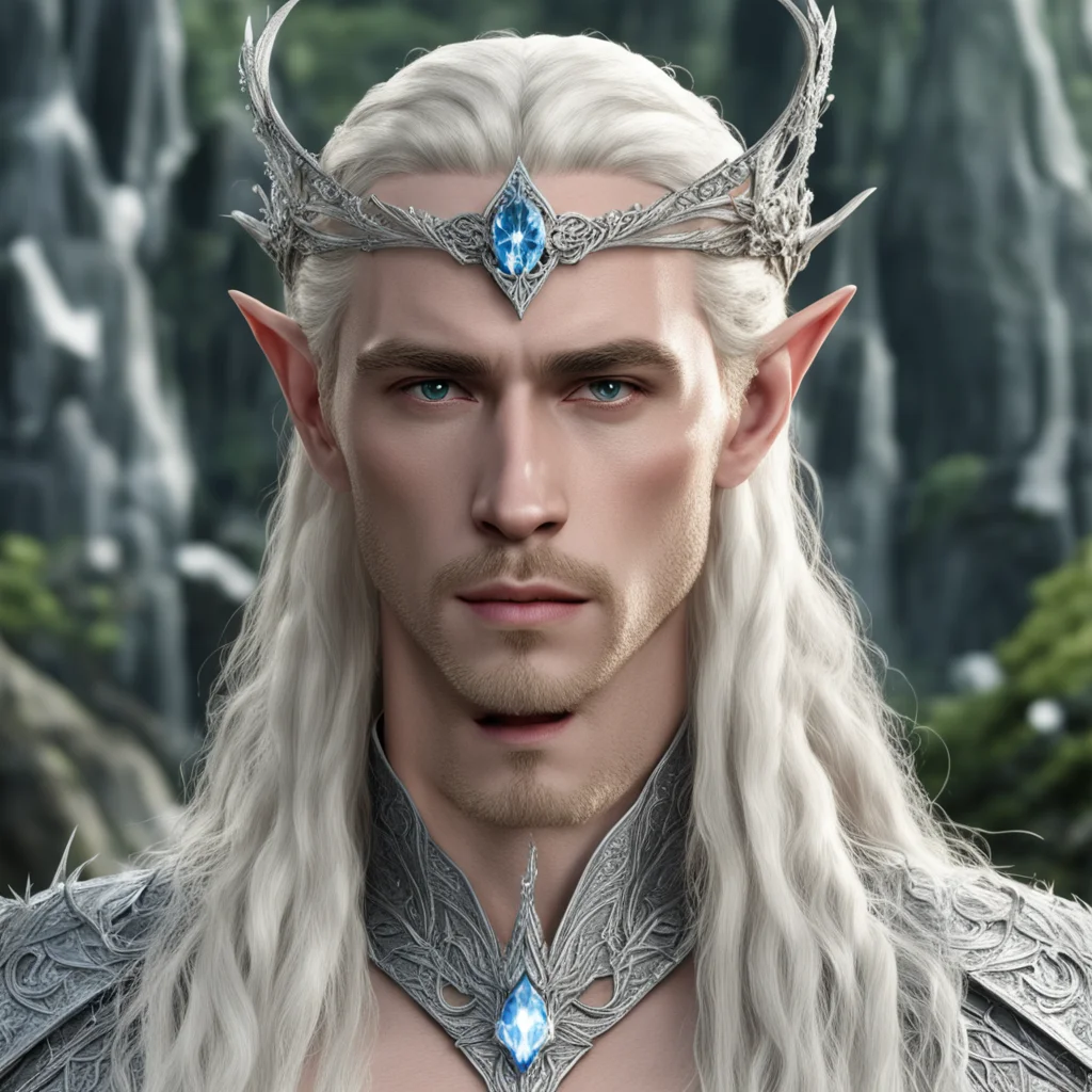 king thranduil with blond hair and braids wearing silver flower elvish circlet encrusted with diamonds with large center diamond confident engaging wow artstation art 3