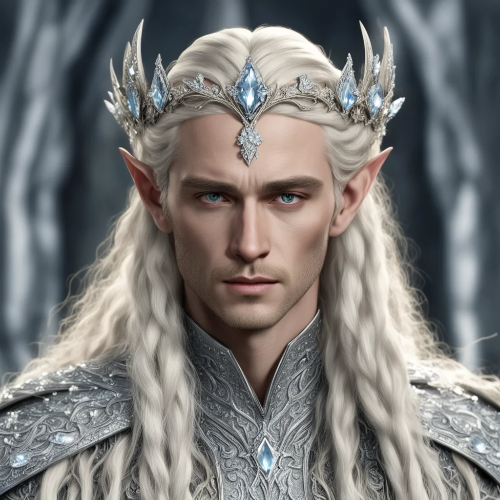 king thranduil with blond hair and braids wearing silver flower elvish circlet encrusted with diamonds with large clusters of diamonds with large center diamond  amazing awesome portrait 2