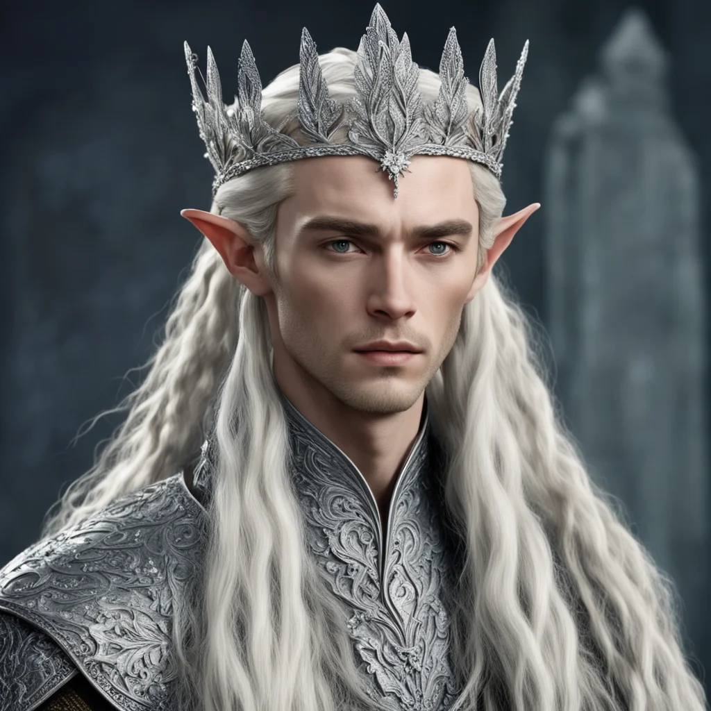 king thranduil with blond hair and braids wearing silver flower elvish coronet encrusted with diamonds with large center flower covered with large diamonds amazing awesome portrait 2