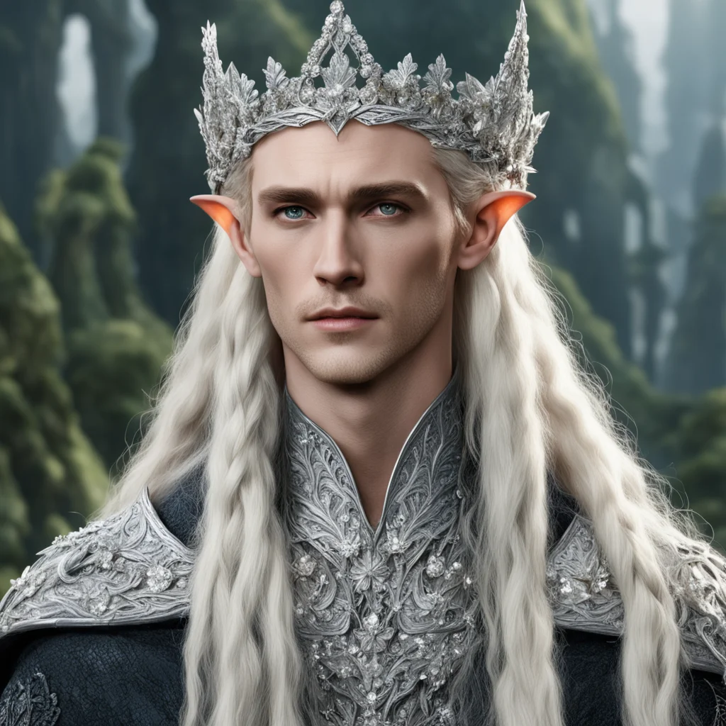 king thranduil with blond hair and braids wearing silver flower elvish coronet encrusted with diamonds with large center flower covered with large diamonds