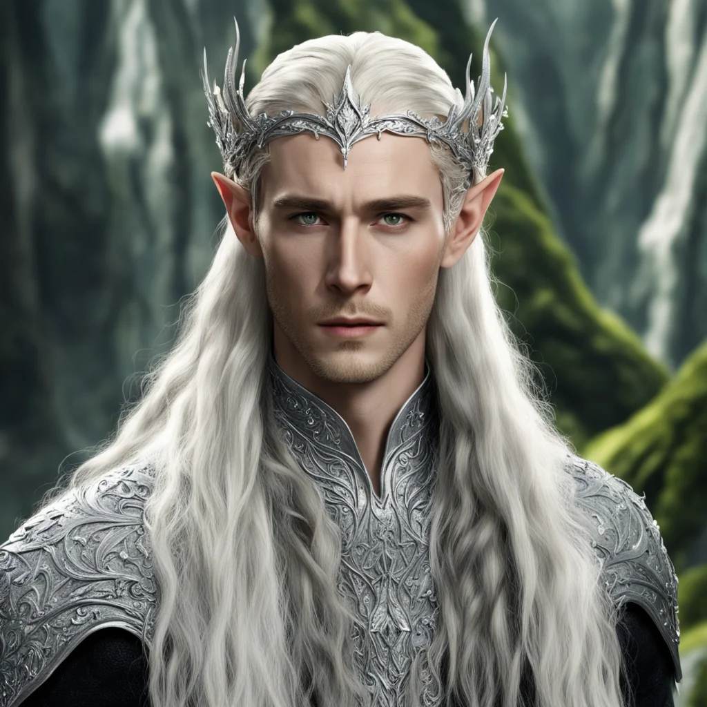 king thranduil with blond hair and braids wearing silver flower silver elvish circlet encrusted with diamonds with larger center diamond amazing awesome portrait 2