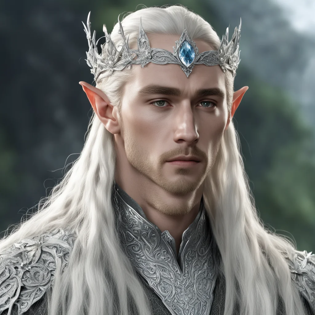 king thranduil with blond hair and braids wearing silver flower silver elvish circlet encrusted with diamonds with larger center diamond confident engaging wow artstation art 3