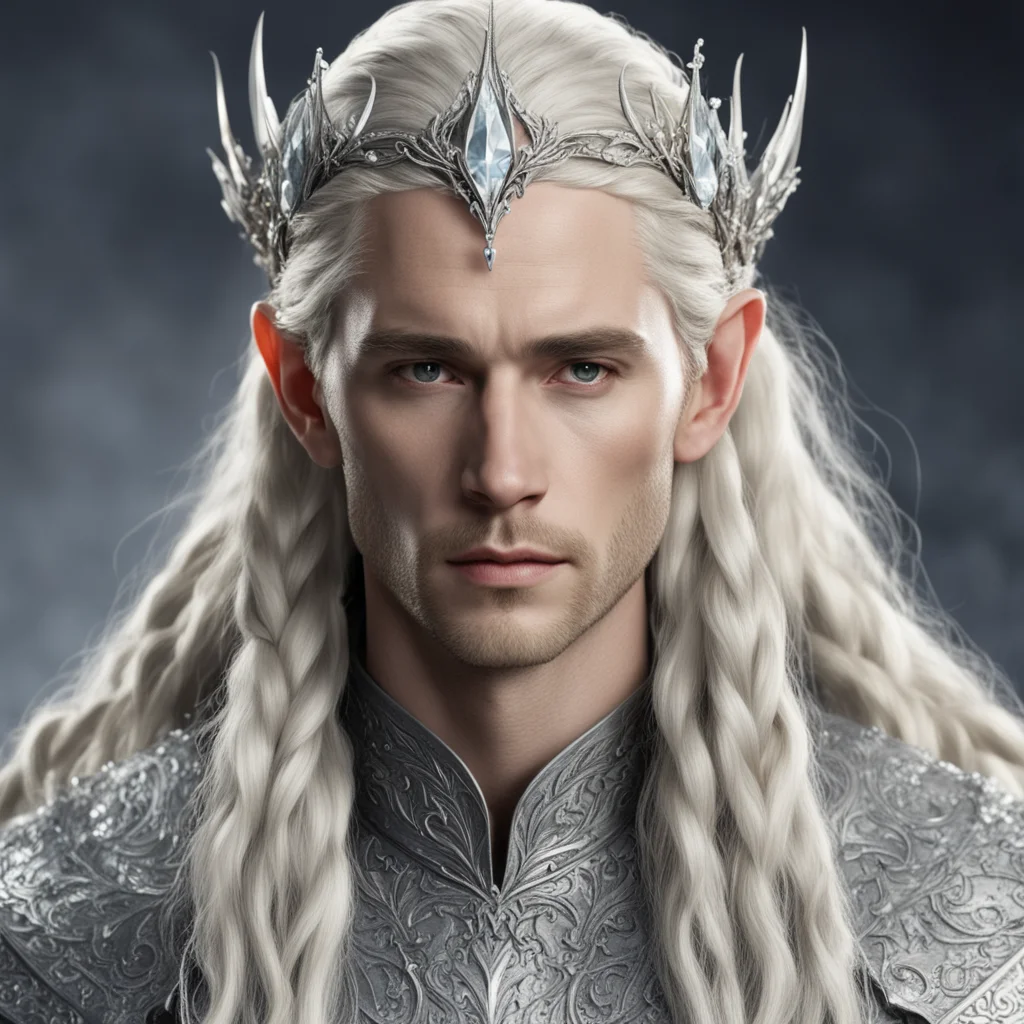 king thranduil with blond hair and braids wearing silver flower silver elvish circlet encrusted with diamonds with larger center diamond good looking trending fantastic 1