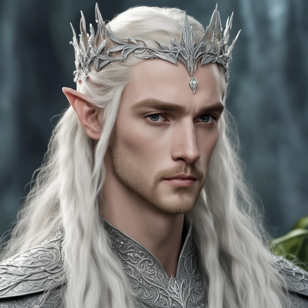 king thranduil with blond hair and braids wearing silver flower silver elvish circlet encrusted with diamonds with larger center diamond