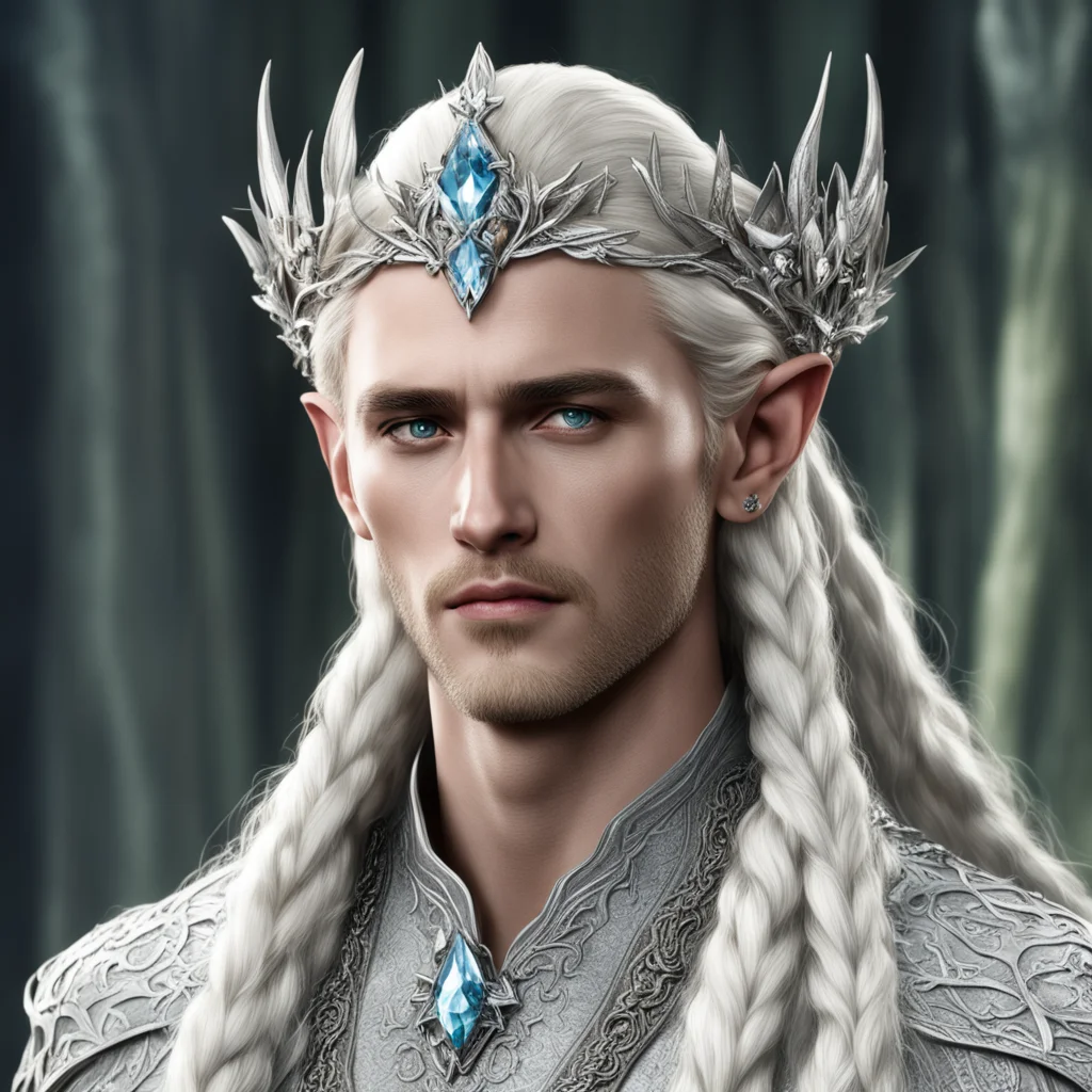 king thranduil with blond hair and braids wearing silver flower with large diamond clusters connected to make silver serpentine elvish circlet with large center diamond 