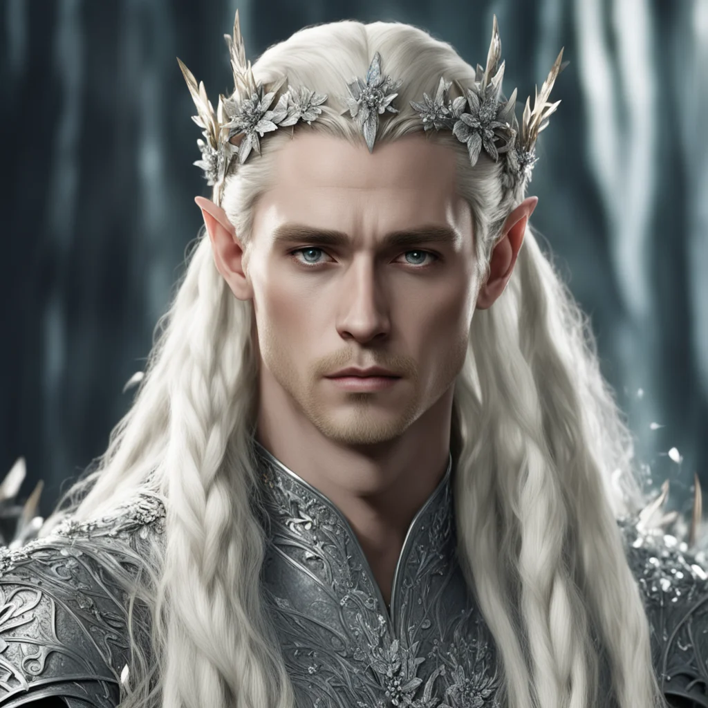 king thranduil with blond hair and braids wearing silver flowers encrusted with diamonds  confident engaging wow artstation art 3