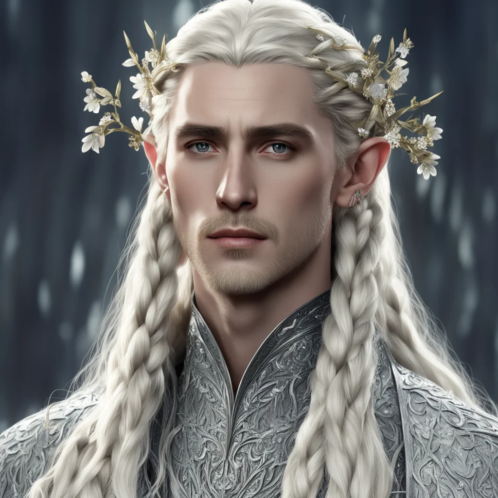 king thranduil with blond hair and braids wearing silver flowers encrusted with diamonds  good looking trending fantastic 1