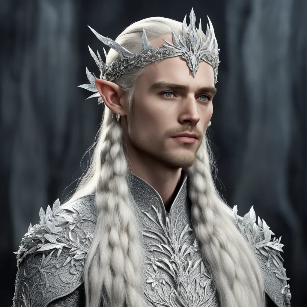 king thranduil with blond hair and braids wearing silver flowers encrusted with diamonds connected to form a silver elvish circlet with large center diamond  amazing awesome portrait 2
