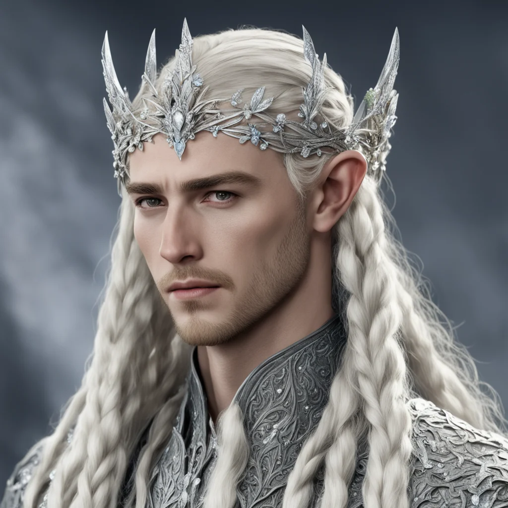 king thranduil with blond hair and braids wearing silver flowers encrusted with diamonds to form a silver elvish circlet with large center diamond confident engaging wow artstation art 3