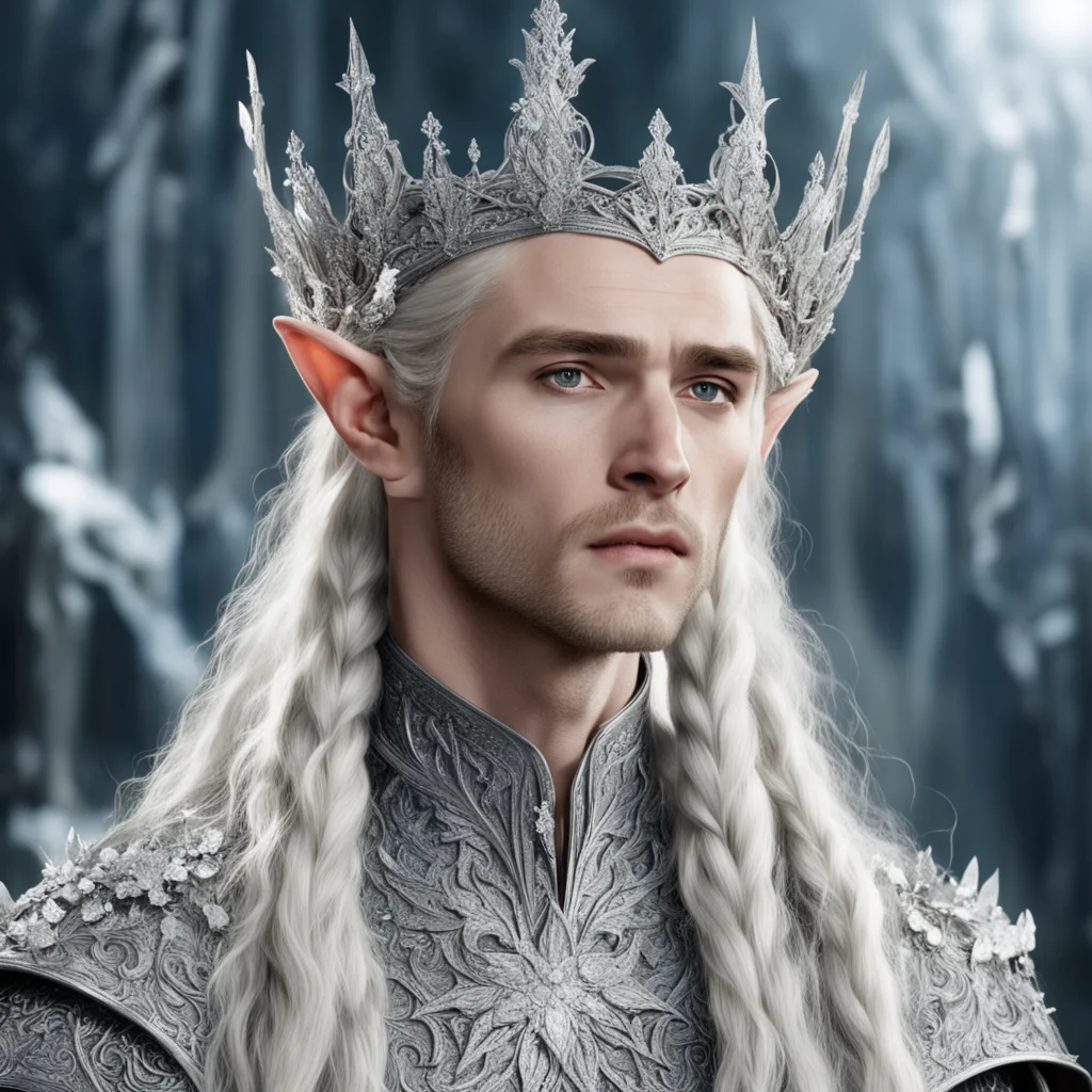 king thranduil with blond hair and braids wearing silver flowers encrusted with diamonds to form a silver elvish coronet with large center diaamond amazing awesome portrait 2
