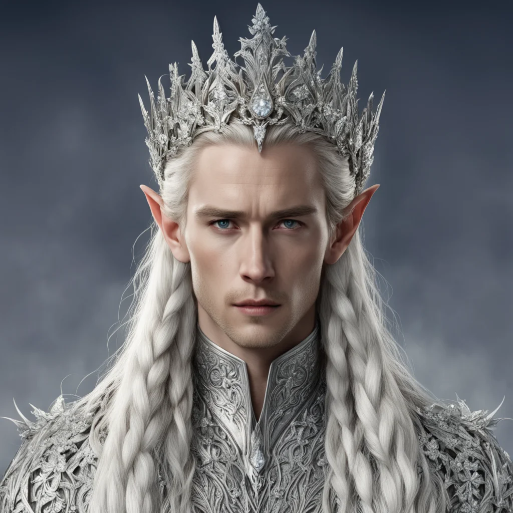 king thranduil with blond hair and braids wearing silver flowers encrusted with diamonds to form a silver elvish coronet with large center diaamond confident engaging wow artstation art 3