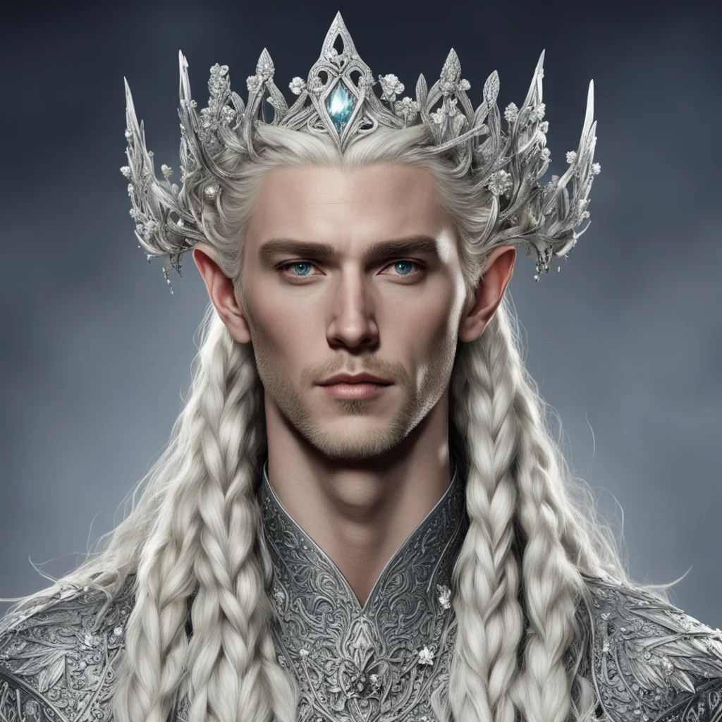 king thranduil with blond hair and braids wearing silver flowers encrusted with diamonds to form a silver elvish coronet with large center diaamond