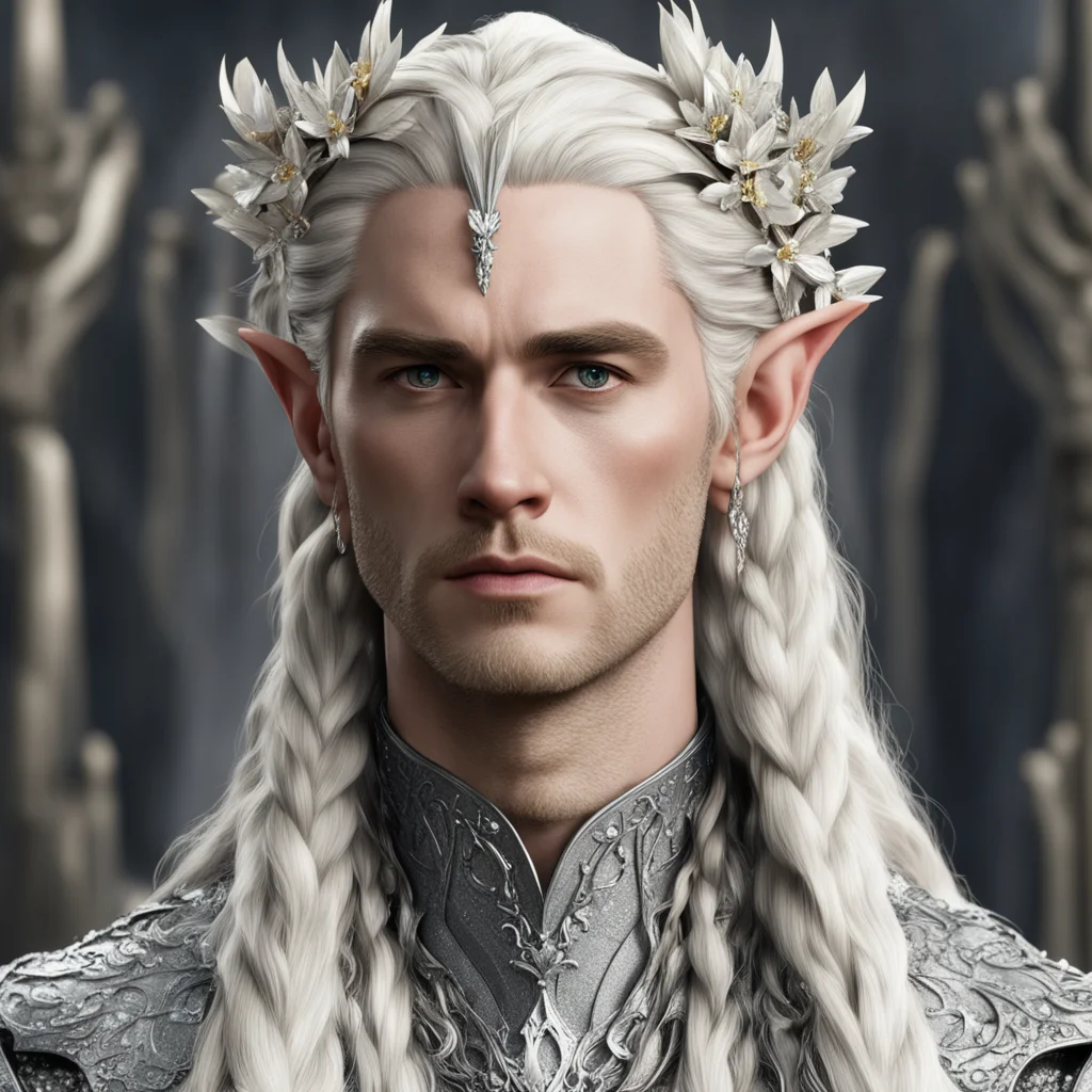 king thranduil with blond hair and braids wearing silver flowers encrusted with diamonds with center flower with large diamond confident engaging wow artstation art 3