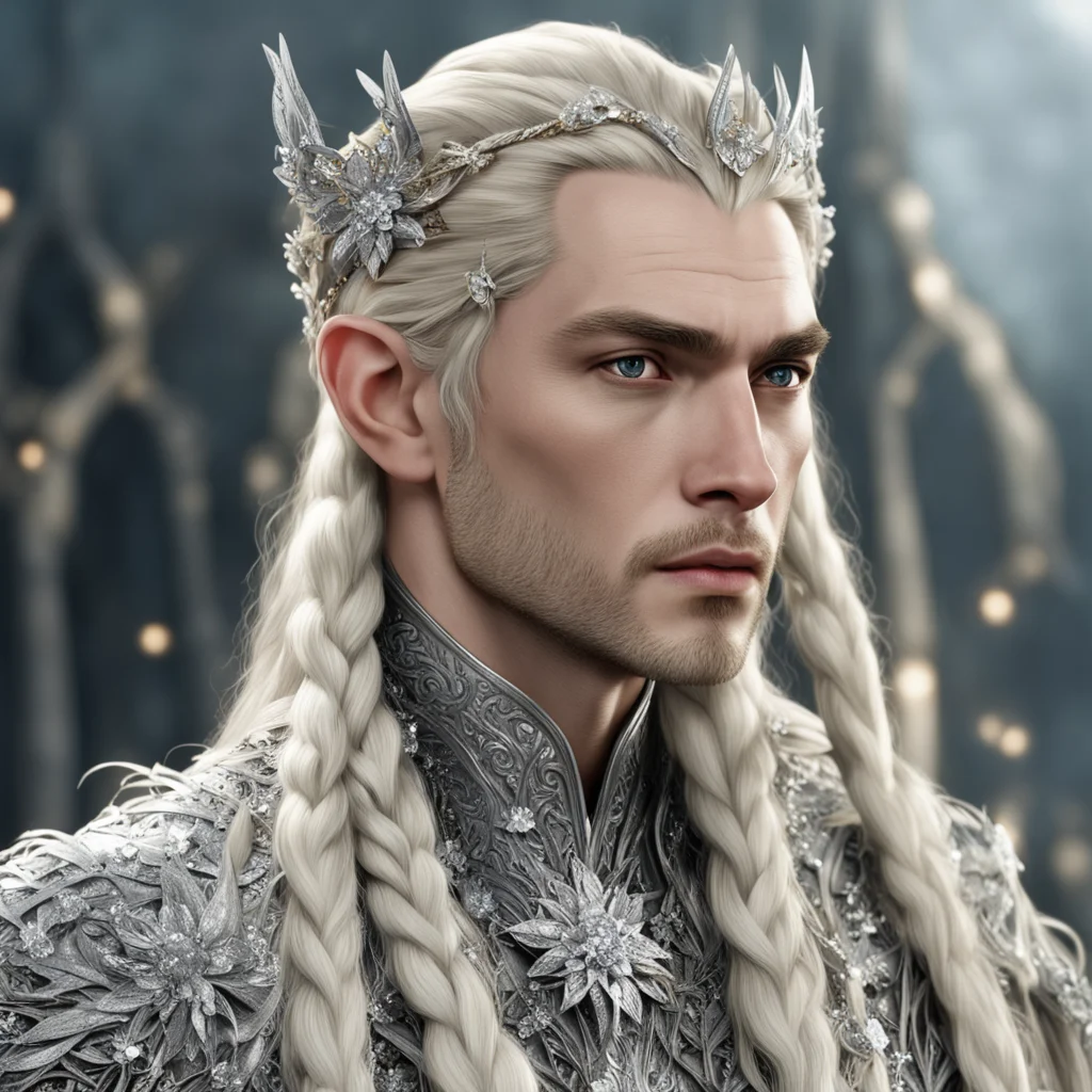 king thranduil with blond hair and braids wearing silver flowers encrusted with diamonds with center flower with large diamond good looking trending fantastic 1