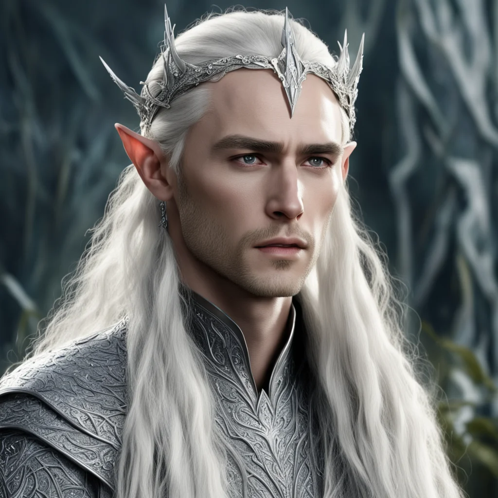 king thranduil with blond hair and braids wearing silver hair pins encrusted with diamonds and silver elvish circlet with large center diamond good looking trending fantastic 1