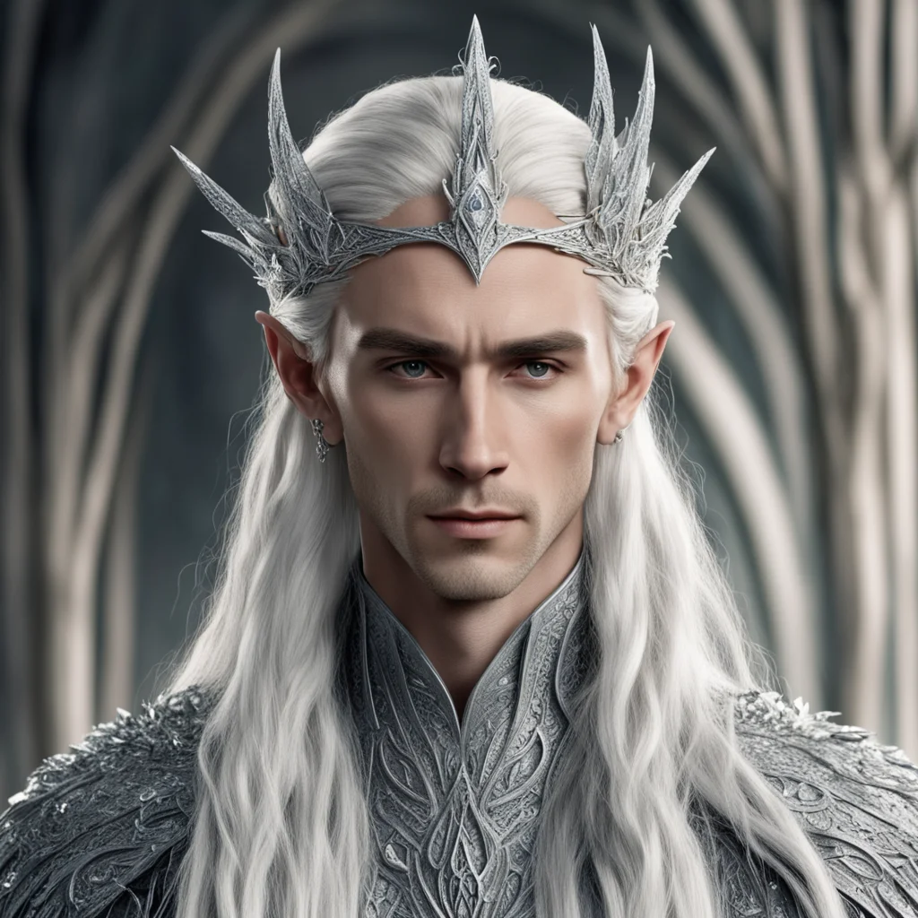aiking thranduil with blond hair and braids wearing silver hair pins encrusted with diamonds and silver elvish circlet with large center diamond