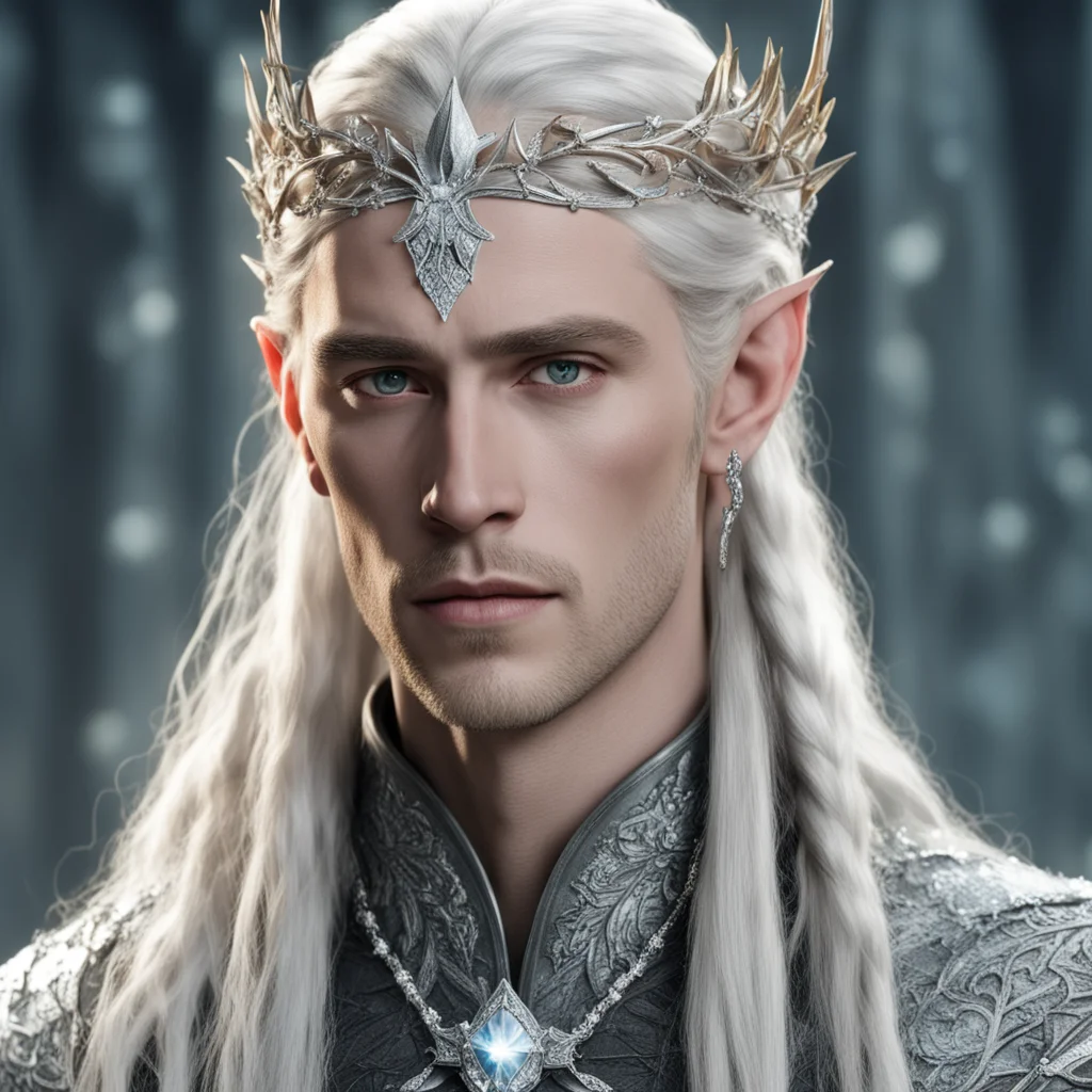 king thranduil with blond hair and braids wearing silver holly lead and diamond berry silver elvish circlet encrusted with diamonds with large center diamond good looking trending fantastic 1