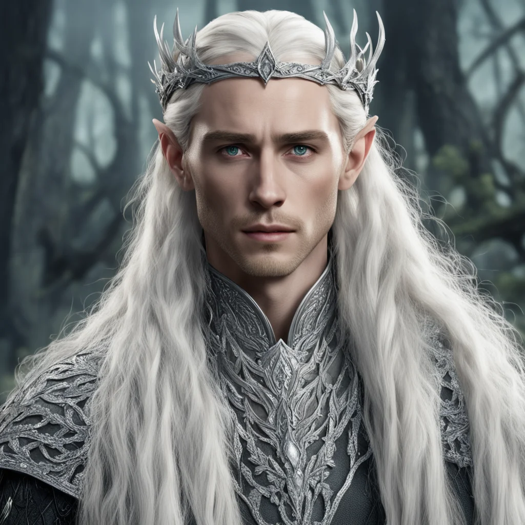 king thranduil with blond hair and braids wearing silver holly lead and diamond berry silver elvish circlet encrusted with diamonds with large center diamond