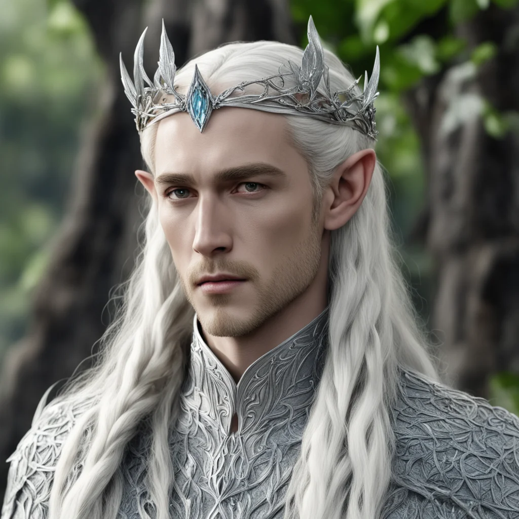 king thranduil with blond hair and braids wearing silver holly leaf and diamond berry silver sindarin elvish circlet with large center diamond  confident engaging wow artstation art 3