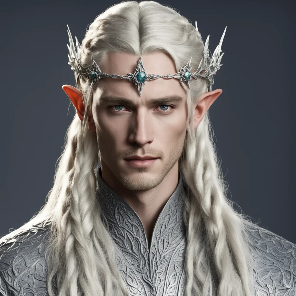 king thranduil with blond hair and braids wearing silver holly leaf and diamond berry silver sindarin elvish circlet with large center diamond 