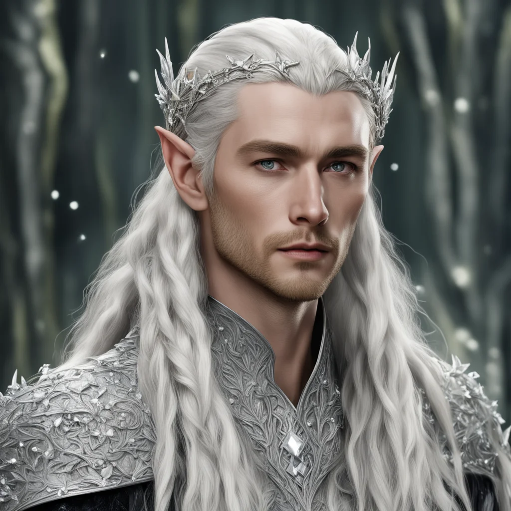 king thranduil with blond hair and braids wearing silver holly leaf and large clusters of diamonds to make silver elvish circlet with large center diamond amazing awesome portrait 2