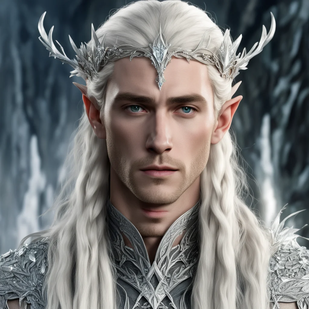 king thranduil with blond hair and braids wearing silver holly leaf and large clusters of diamonds to make silver elvish circlet with large center diamond