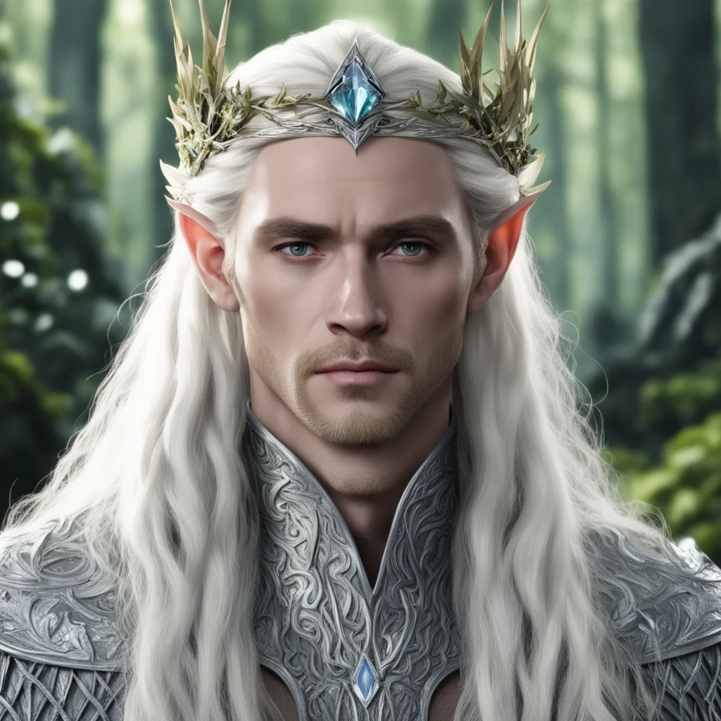 king thranduil with blond hair and braids wearing silver holly leaf and large diamond berry elvish circlet with large center diamond confident engaging wow artstation art 3