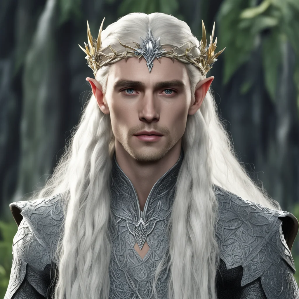 king thranduil with blond hair and braids wearing silver holly leaf and large diamond berry elvish circlet with large center diamond