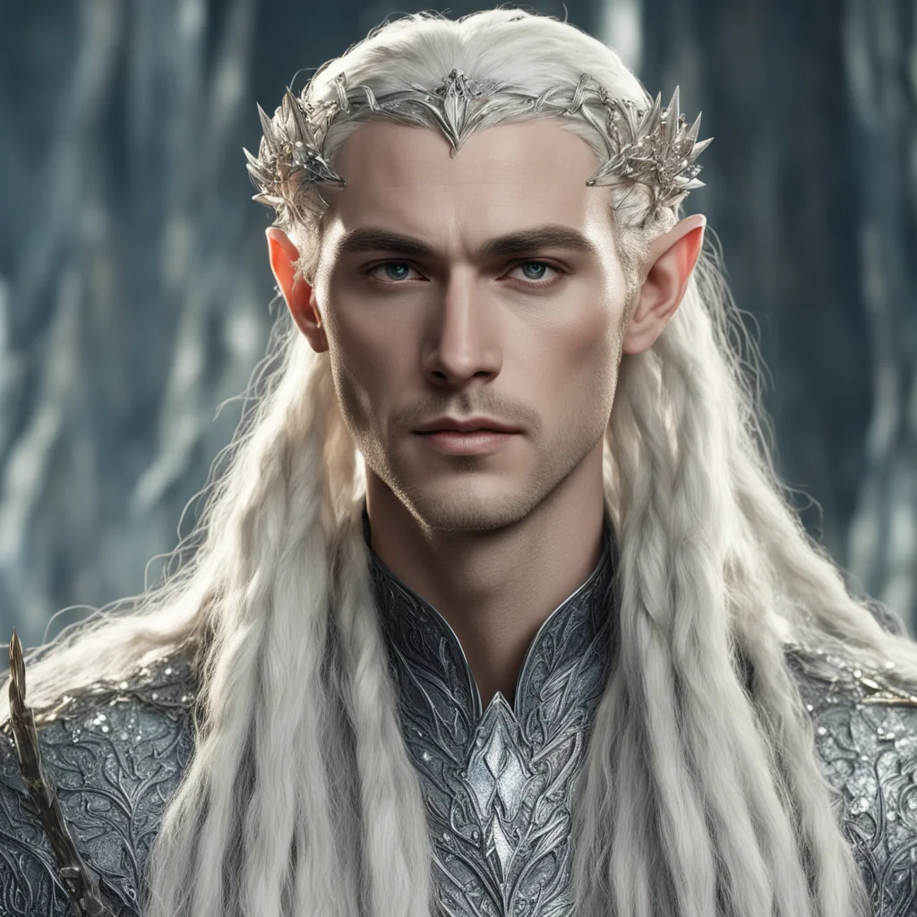 king thranduil with blond hair and braids wearing silver holly leaf with clusters of large diamonds forming silver elvish hair forks good looking trending fantastic 1