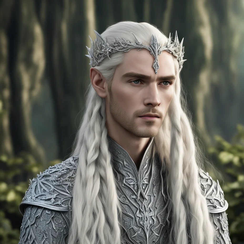 king thranduil with blond hair and braids wearing silver holly leaf with clusters of large diamonds forming silver elvish hair forks