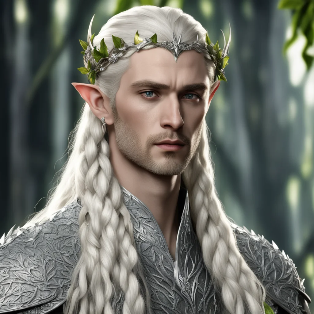 king thranduil with blond hair and braids wearing silver holly leaf with large berries of diamonds with center diamond amazing awesome portrait 2