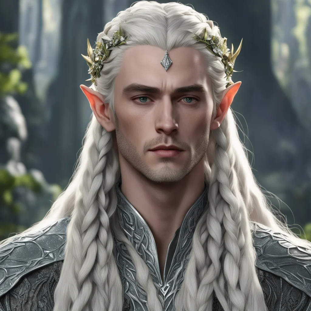 king thranduil with blond hair and braids wearing silver holly leaf with large berries of diamonds with center diamond confident engaging wow artstation art 3