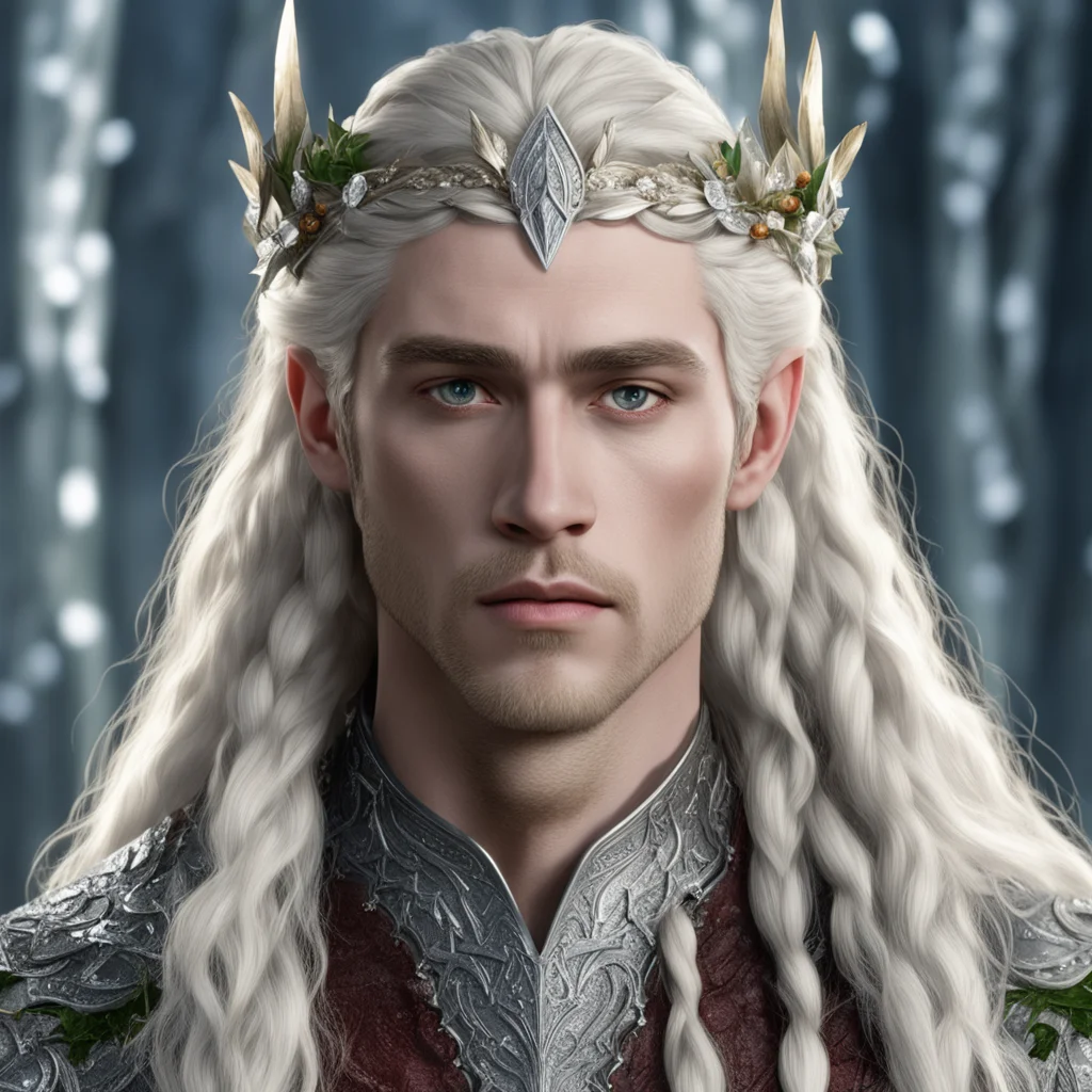king thranduil with blond hair and braids wearing silver holly leaf with large berries of diamonds with center diamond good looking trending fantastic 1