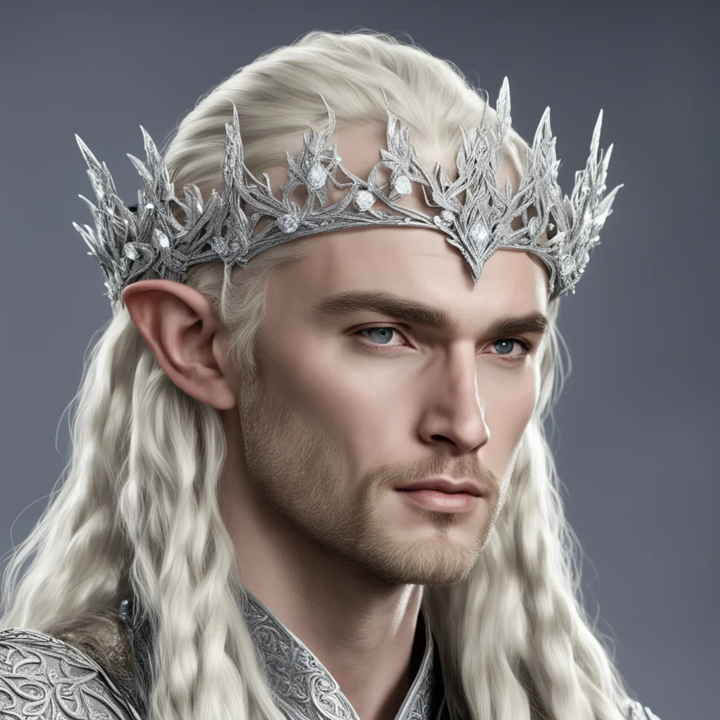 king thranduil with blond hair and braids wearing silver holly leaves encrusted with diamonds and large round diamond clusters to form a small silver elvish circlet with large center diamond