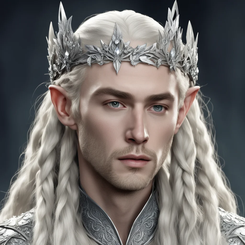 king thranduil with blond hair and braids wearing silver holly leaves encrusted with diamonds with cluster of large diamonds forming a silver elvish circlet with large center diamond 