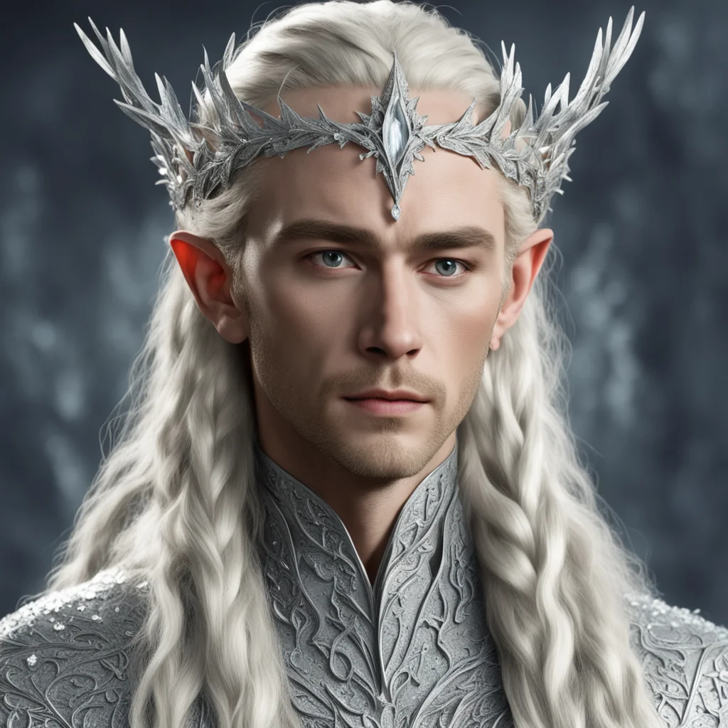 king thranduil with blond hair and braids wearing silver holly leaves encrusted with diamonds with clusters of diamonds forming a silver elvish circlet with large center diamond