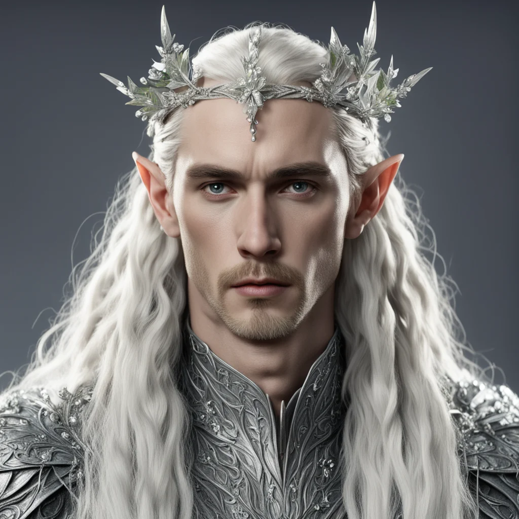 king thranduil with blond hair and braids wearing silver holly leaves encrusted with diamonds with clusters of large diamonds to form silver elvish hair forks amazing awesome portrait 2