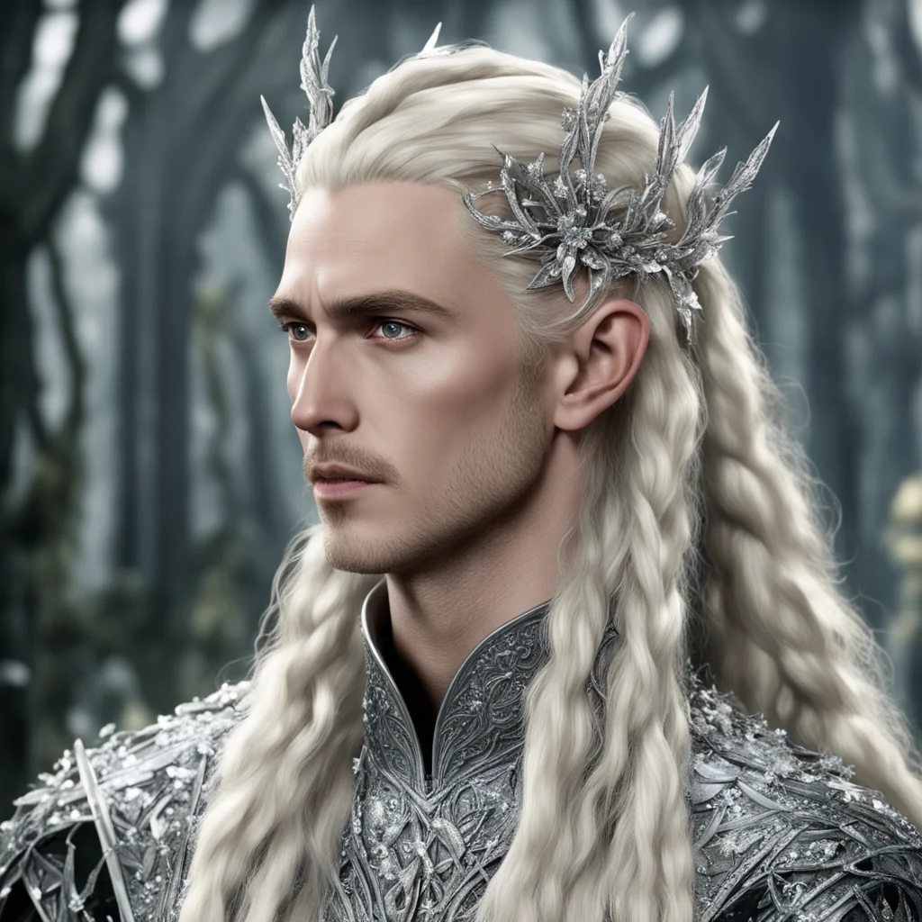 king thranduil with blond hair and braids wearing silver holly leaves encrusted with diamonds with clusters of large diamonds to form silver elvish hair forks good looking trending fantastic 1