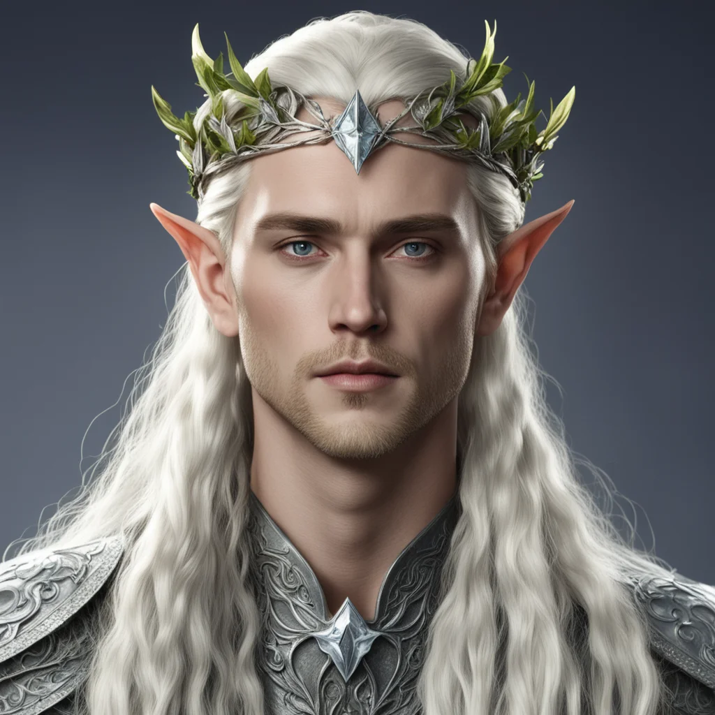 king thranduil with blond hair and braids wearing silver holly vine elvish circlet with large diamond clusters confident engaging wow artstation art 3