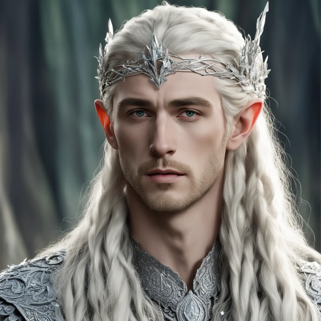 aiking thranduil with blond hair and braids wearing silver ivy circlet encrusted with diamonds and large diamond clusters with large center diamond good looking trending fantastic 1