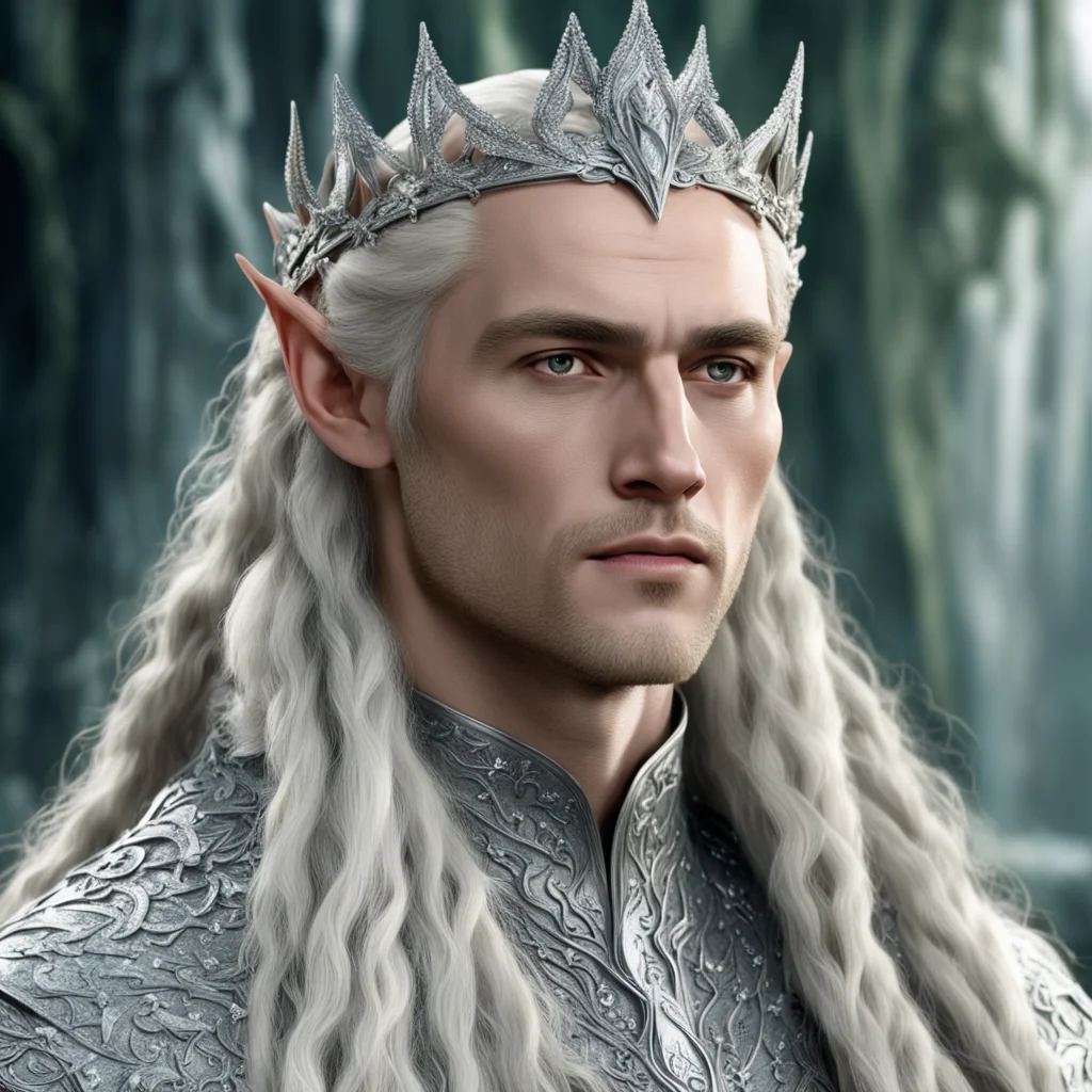 king thranduil with blond hair and braids wearing silver ivy circlet encrusted with diamonds and large diamond clusters with large center diamond