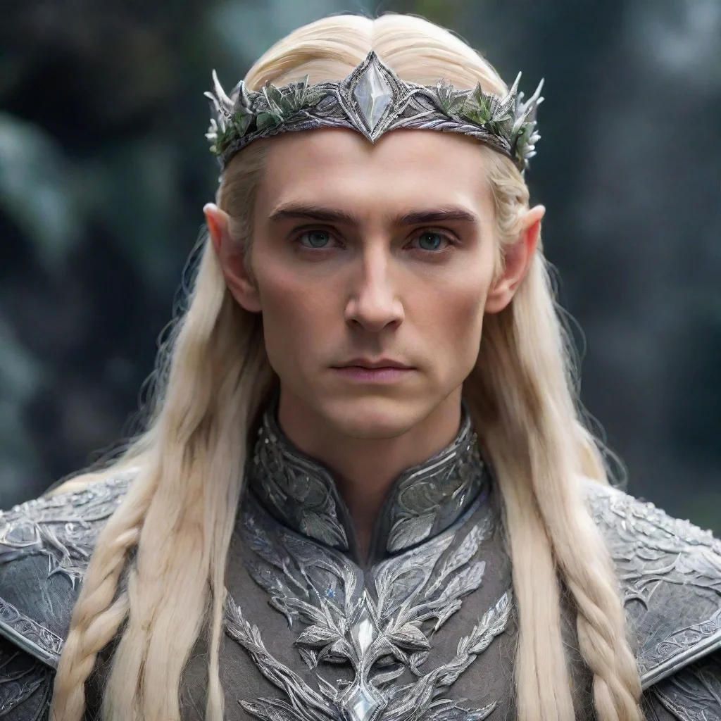 king thranduil with blond hair and braids wearing silver ivy circlet encrusted with diamonds with large center diamond